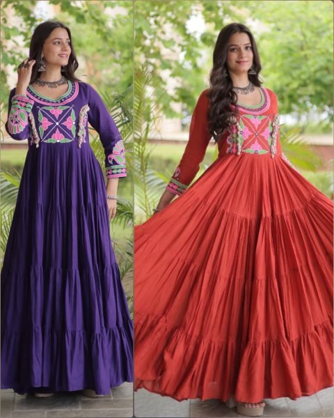 Alluring Purple Designer Kora Cotton Gown with Real Kodi Work and Mirror Embroidery Anarkali Kurtis 