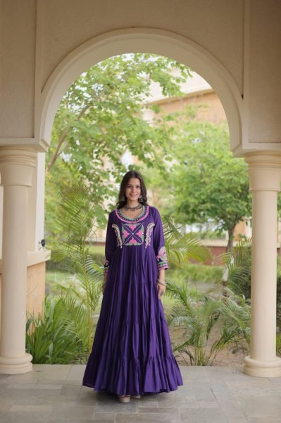 Alluring Purple Designer Kora Cotton Gown with Real Kodi Work and Mirror Embroidery Anarkali Kurtis 