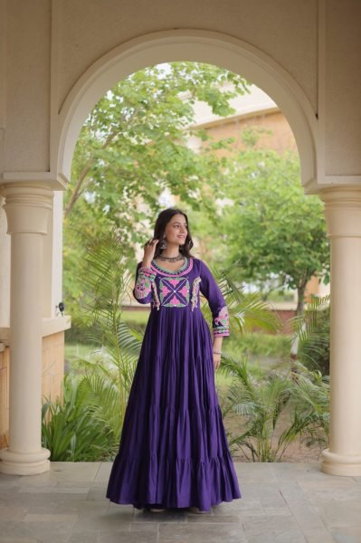 Alluring Purple Designer Kora Cotton Gown with Real Kodi Work and Mirror Embroidery Anarkali Kurtis 
