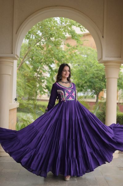 Alluring Purple Designer Kora Cotton Gown with Real Kodi Work and Mirror Embroidery Anarkali Kurtis 