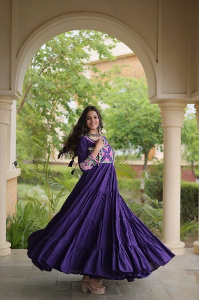 Alluring Purple Designer Kora Cotton Gown with Real Kodi Work and Mirror Embroidery Anarkali Kurtis 