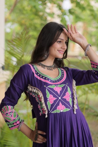 Alluring Purple Designer Kora Cotton Gown with Real Kodi Work and Mirror Embroidery Anarkali Kurtis 