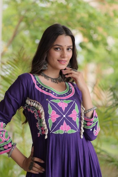 Alluring Purple Designer Kora Cotton Gown with Real Kodi Work and Mirror Embroidery Anarkali Kurtis 
