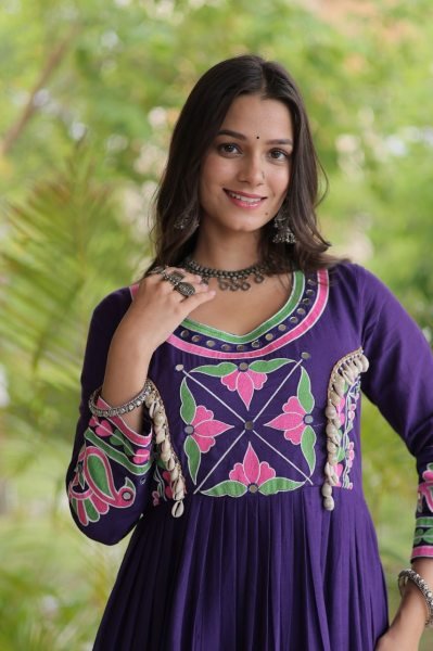 Alluring Purple Designer Kora Cotton Gown with Real Kodi Work and Mirror Embroidery Anarkali Kurtis 