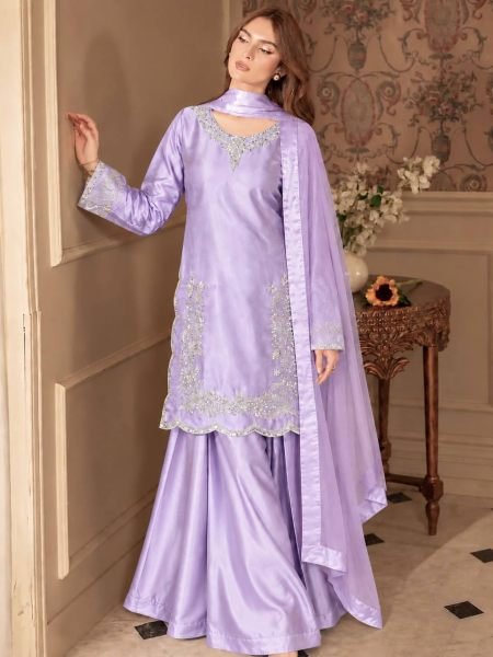 Alluring Purple Devsena Silk Embroidered Top with Full Sleeves and Matching Plazzo 