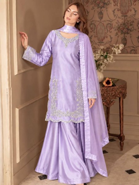 Alluring Purple Devsena Silk Embroidered Top with Full Sleeves and Matching Plazzo Ready To Wear Collection