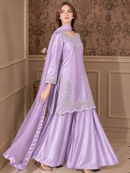 Alluring Purple Devsena Silk Embroidered Top with Full Sleeves and Matching Plazzo Ready To Wear Collection
