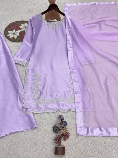 Alluring Purple Devsena Silk Embroidered Top with Full Sleeves and Matching Plazzo Ready To Wear Collection