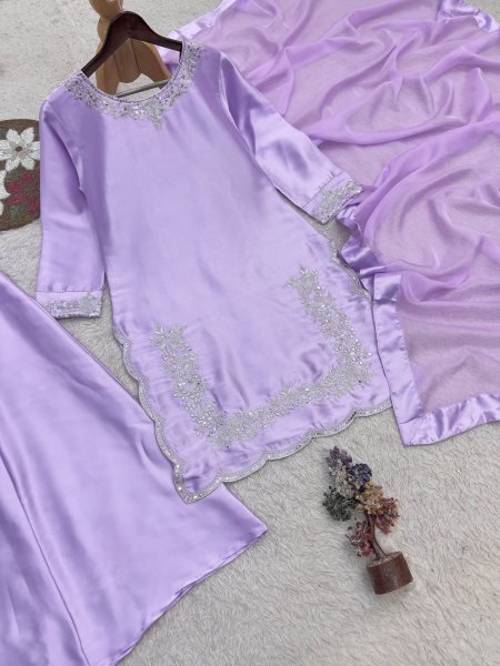 Alluring Purple Devsena Silk Embroidered Top with Full Sleeves and Matching Plazzo Ready To Wear Collection