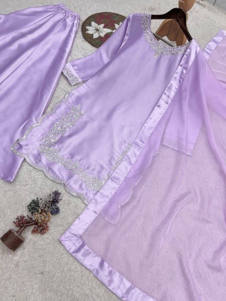 Alluring Purple Devsena Silk Embroidered Top with Full Sleeves and Matching Plazzo Ready To Wear Collection