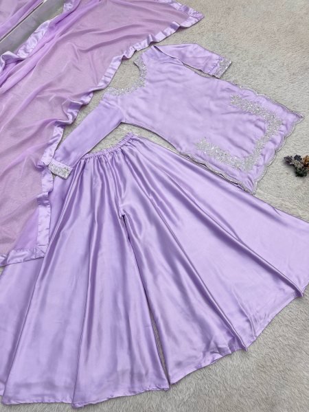 Alluring Purple Devsena Silk Embroidered Top with Full Sleeves and Matching Plazzo Ready To Wear Collection