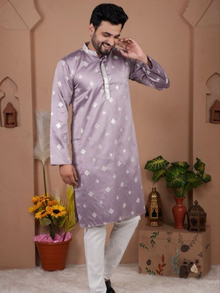 Alluring Purple Men Embroidered Kurta Set in Malai Silk for Traditional Occasions Mens Wear