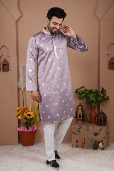 Alluring Purple Men Embroidered Kurta Set in Malai Silk for Traditional Occasions Kurta Pajama Wholesale
