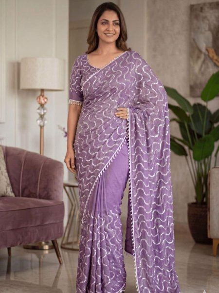 Alluring Purple Party Wear Saree with Real Beads Work for Wedding Occasions Sarees 