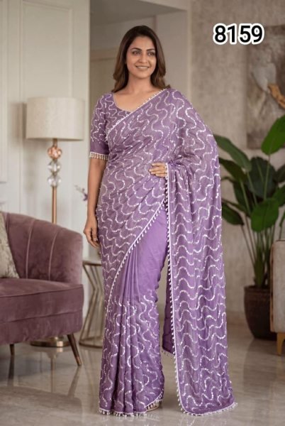 Alluring Purple Party Wear Saree with Real Beads Work for Wedding Occasions Silk Sarees Wholesale