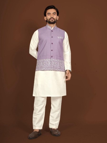 Alluring Purple Silk Koti Kurta Set for Men Wedding Wear Collection Mens Wear