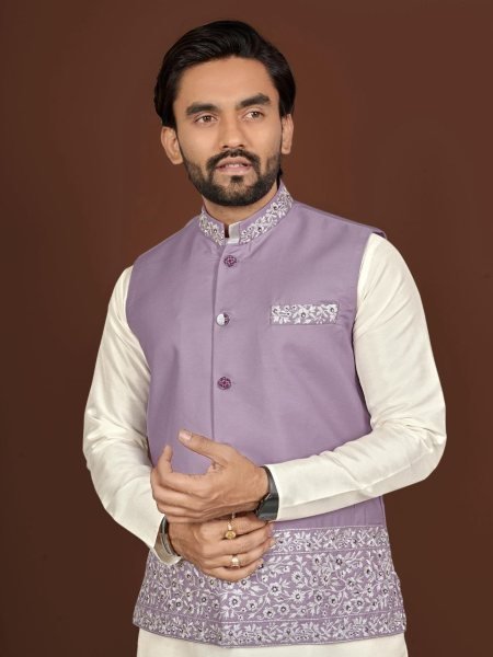 Alluring Purple Silk Koti Kurta Set for Men Wedding Wear Collection Kurta Pajama Wholesale
