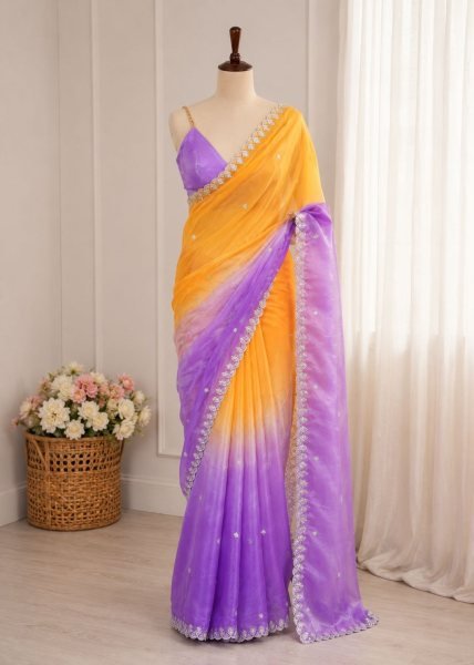 Alluring Purple Yellow Space Silk Saree with Sequins Embroidery Work and Designer Blouse Silk Sarees Wholesale
