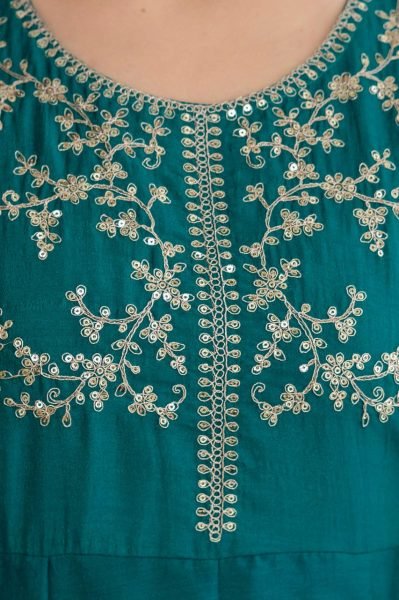 Alluring Rama Color Vichitra Silk Embroidered Anarkali Suit with Matching Dupatta for Festive Wear Anarkali Kurtis 