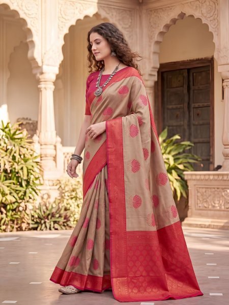 Alluring Rani Pink Pure Banarasi Silk Saree with Flowers and Meena Zari Design Sarees 