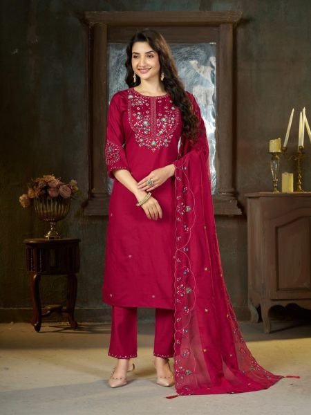 Alluring Rani Pink Pure Mal Chanderi Anarkali Set with Floral Hand Work Detailing Kurtis