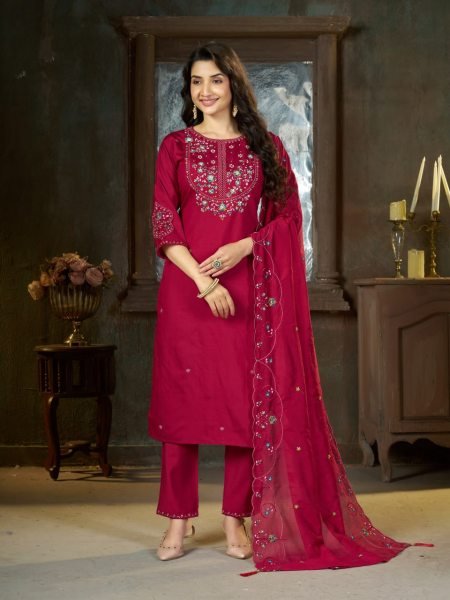 Alluring Rani Pink Pure Mal Chanderi Anarkali Set with Floral Hand Work Detailing Embroidery Kurtis 