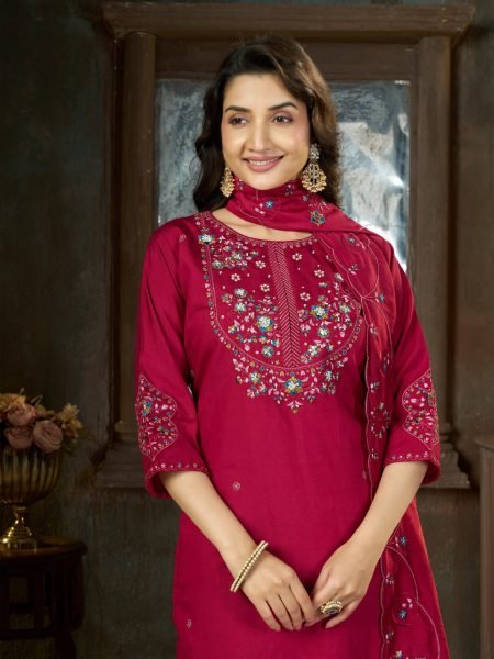 Alluring Rani Pink Pure Mal Chanderi Anarkali Set with Floral Hand Work Detailing Embroidery Kurtis 