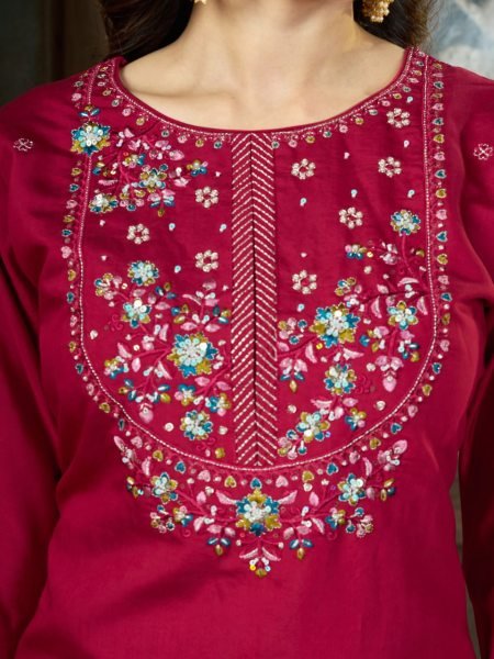 Alluring Rani Pink Pure Mal Chanderi Anarkali Set with Floral Hand Work Detailing Embroidery Kurtis 