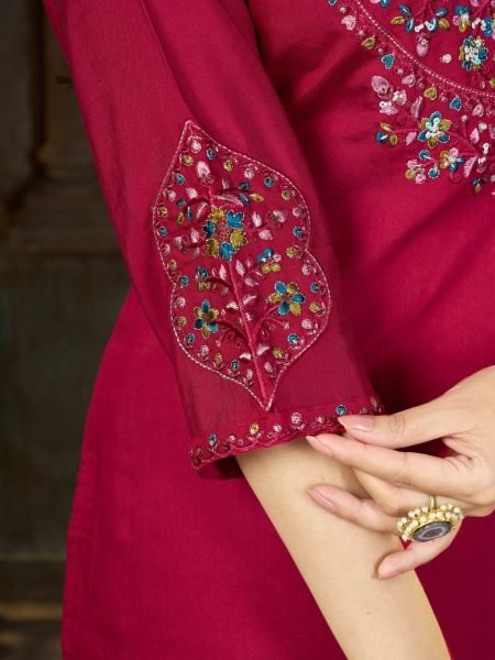 Alluring Rani Pink Pure Mal Chanderi Anarkali Set with Floral Hand Work Detailing Embroidery Kurtis 