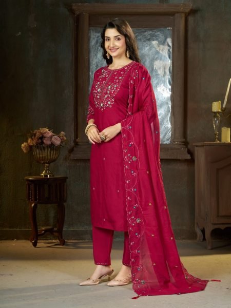 Alluring Rani Pink Pure Mal Chanderi Anarkali Set with Floral Hand Work Detailing Embroidery Kurtis 