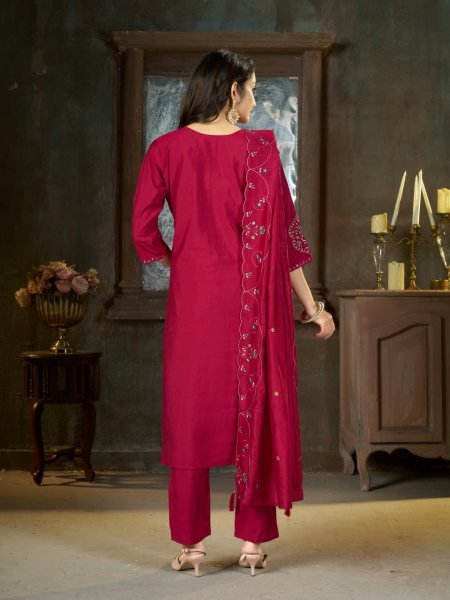 Alluring Rani Pink Pure Mal Chanderi Anarkali Set with Floral Hand Work Detailing Embroidery Kurtis 