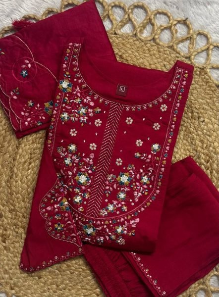 Alluring Rani Pink Pure Mal Chanderi Anarkali Set with Floral Hand Work Detailing Embroidery Kurtis 