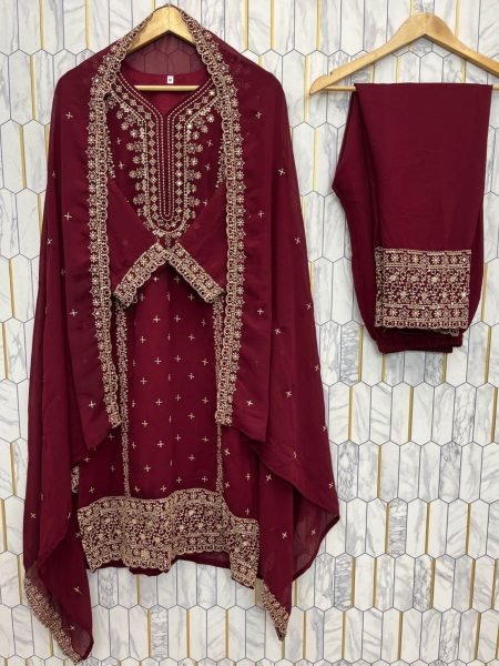 Alluring Red Embroidered Georgette Suit with Matching Pant and Dupatta for Wedding Wear