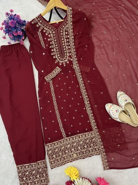 Alluring Red Embroidered Georgette Suit with Matching Pant and Dupatta for Wedding Wear Ready To Wear Collection