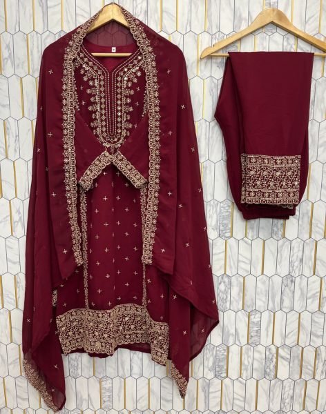 Alluring Red Embroidered Georgette Suit with Matching Pant and Dupatta for Wedding Wear Ready To Wear Collection