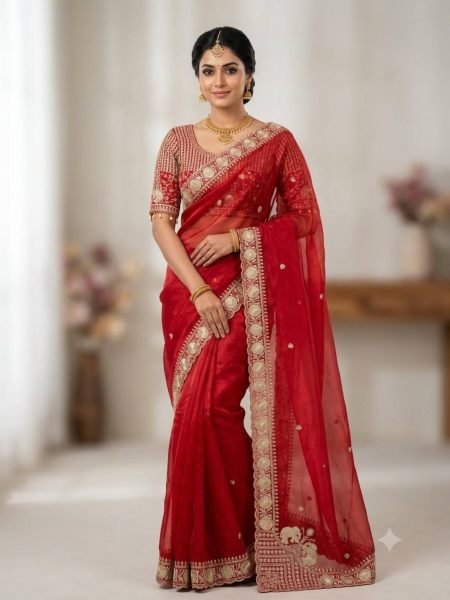 Alluring Red Party Wear Fendy Satin Saree with Real Mirror Work Designer Blouse For Festival 