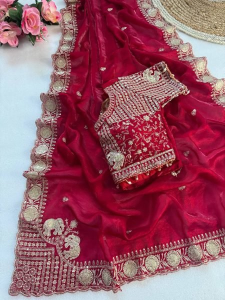 Alluring Red Party Wear Fendy Satin Saree with Real Mirror Work Designer Blouse For Festival Designer Wedding Sarees Wholesale