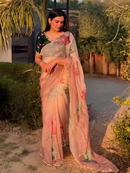 Alluring Rust Peach Soft Tabi Organza Saree with Cut Dana Floral Handwork and Moti Border Sarees 