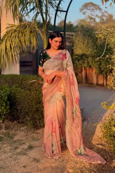 Alluring Rust Peach Soft Tabi Organza Saree with Cut Dana Floral Handwork and Moti Border Organza Sarees Wholesale