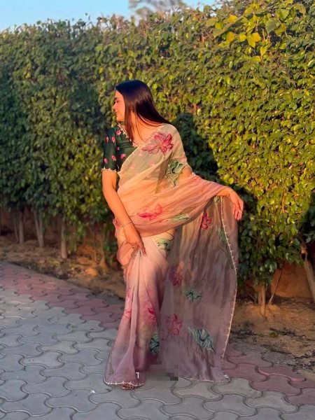 Alluring Rust Peach Soft Tabi Organza Saree with Cut Dana Floral Handwork and Moti Border Organza Sarees Wholesale