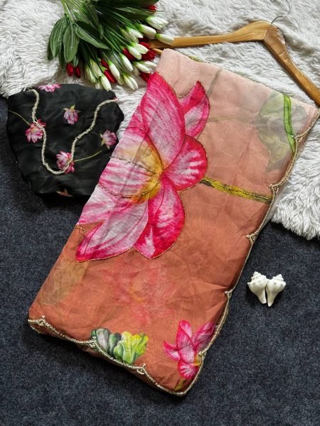 Alluring Rust Peach Soft Tabi Organza Saree with Cut Dana Floral Handwork and Moti Border Organza Sarees Wholesale