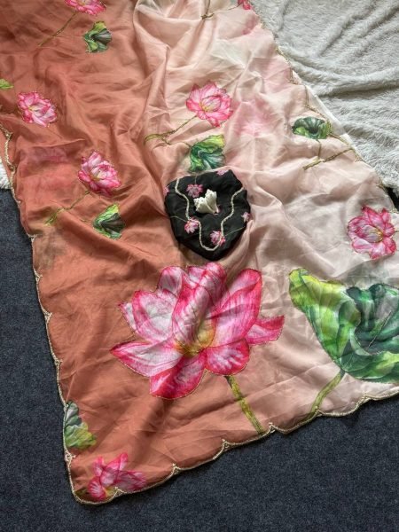 Alluring Rust Peach Soft Tabi Organza Saree with Cut Dana Floral Handwork and Moti Border Organza Sarees Wholesale