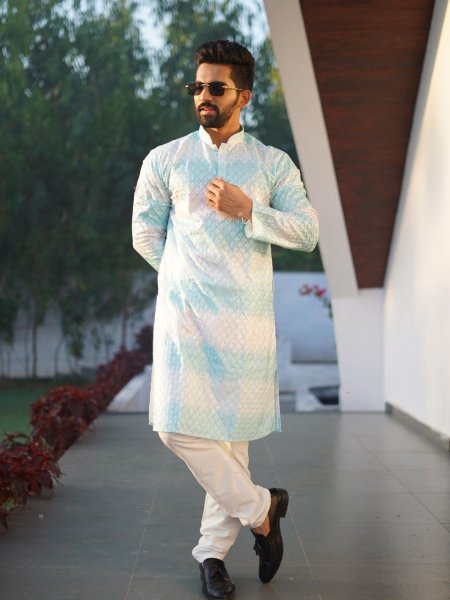 Alluring Sky Blue Ethnic Wear Kurta for Men with Heavy Embroidery and Stylish Look Mens Wear