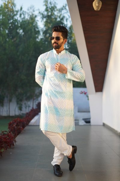 Alluring Sky Blue Ethnic Wear Kurta for Men with Heavy Embroidery and Stylish Look Kurta Pajama Wholesale