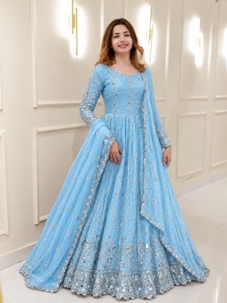 Alluring Sky Blue Ready to Wear Fendy Gown Set with Fully Stitched Pant For DIwali Festival 