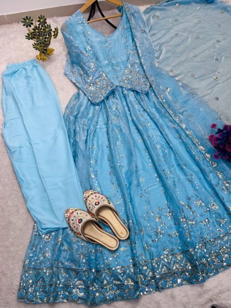 Alluring Sky Blue Ready to Wear Fendy Gown Set with Fully Stitched Pant For DIwali Festival Ready To Wear Collection