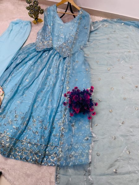 Alluring Sky Blue Ready to Wear Fendy Gown Set with Fully Stitched Pant For DIwali Festival Ready To Wear Collection
