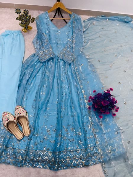 Alluring Sky Blue Ready to Wear Fendy Gown Set with Fully Stitched Pant For DIwali Festival Ready To Wear Collection