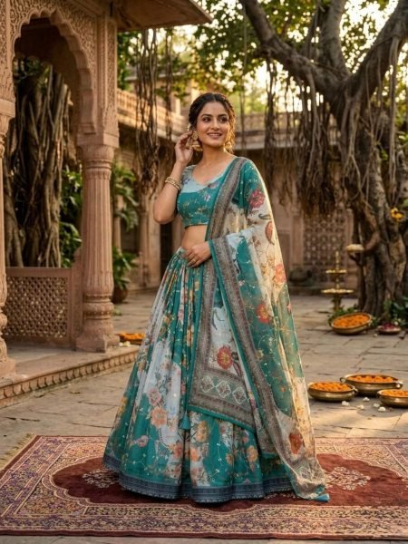 Alluring Teal Blue Ethnic Tabby Silk Lehenga Choli with Rich Digital Print for Women Designer Lehenga Choli