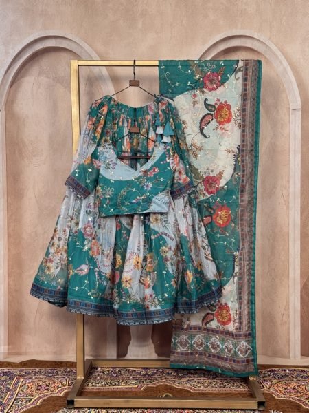 Alluring Teal Blue Ethnic Tabby Silk Lehenga Choli with Rich Digital Print for Women Designer Lehenga Choli